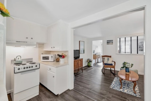 kitchen featuring dark wood-type flooring, custom exhaust hood, white appliances, and white cabinets