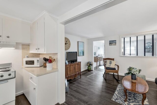 kitchen with white appliances, custom exhaust hood, dark hardwood / wood-style flooring, and white cabinetry