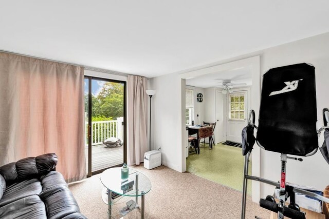 living room featuring carpet flooring and ceiling fan