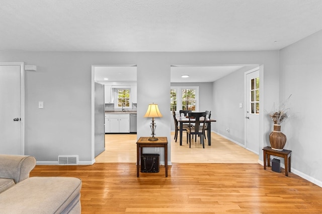 living room featuring a textured ceiling, light hardwood / wood-style flooring, and sink