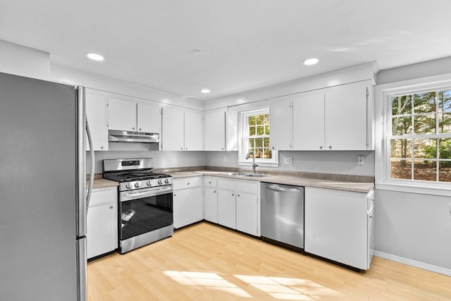 kitchen featuring a healthy amount of sunlight, sink, stainless steel appliances, and light hardwood / wood-style flooring