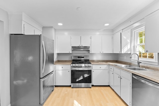 kitchen with white cabinets, sink, appliances with stainless steel finishes, and light hardwood / wood-style flooring