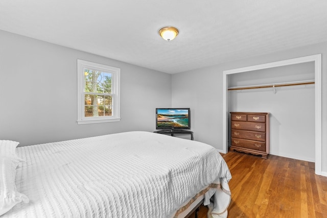 bedroom with hardwood / wood-style flooring and a closet