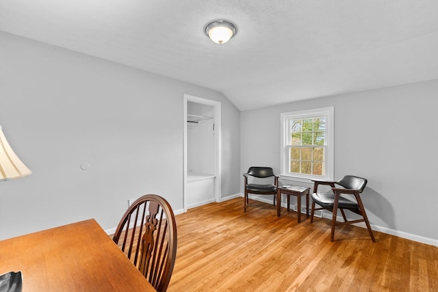 living area with light hardwood / wood-style floors and lofted ceiling