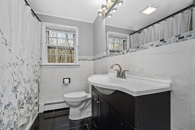 full bathroom featuring tile patterned floors, a baseboard radiator, toilet, and a healthy amount of sunlight