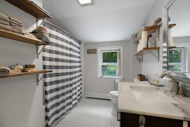 1230 Rte 149, Barnstable, MA 02648 - bathroom featuring baseboard heating, vanity, toilet, and a shower with shower curtain