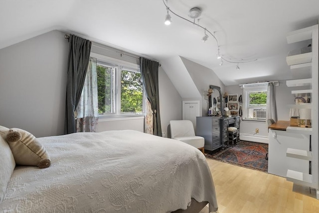1230 Rte 149, Barnstable, MA 02648 - bedroom featuring lofted ceiling, a baseboard radiator, wood finished floors, and rail lighting