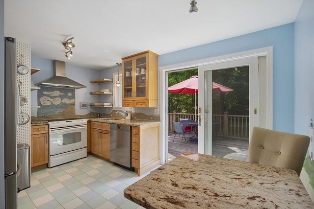 1230 Rte 149, Barnstable, MA 02648 - kitchen with appliances with stainless steel finishes, wall chimney range hood, light stone countertops, open shelves, and glass insert cabinets