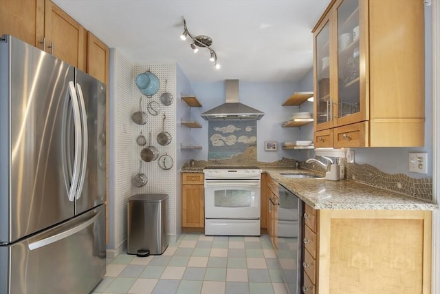 1230 Rte 149, Barnstable, MA 02648 - kitchen featuring appliances with stainless steel finishes, island range hood, open shelves, and a sink