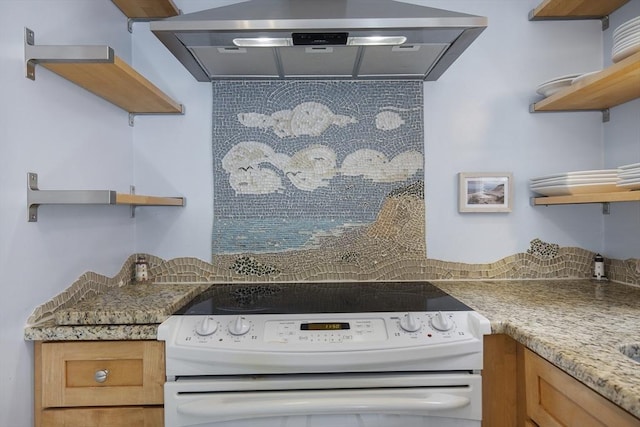 1230 Rte 149, Barnstable, MA 02648 - kitchen with open shelves, white electric range oven, exhaust hood, brown cabinetry, and light stone countertops