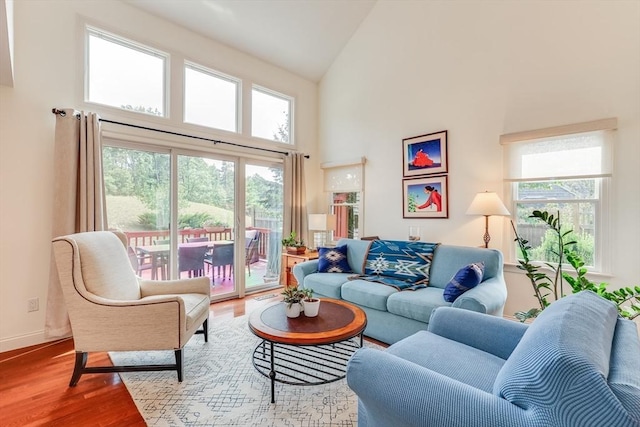 living room featuring wood-type flooring and high vaulted ceiling