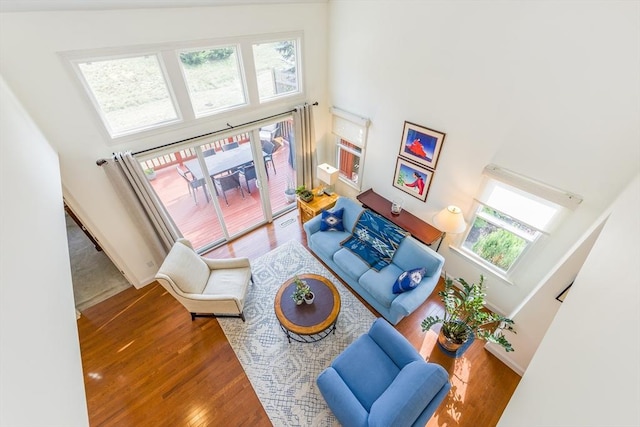 living room with wood-type flooring and a high ceiling