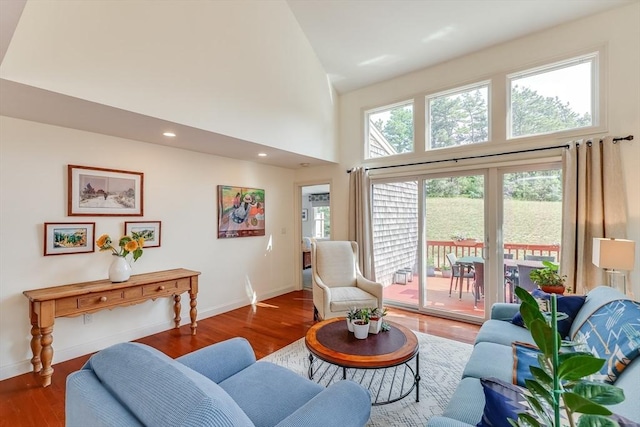 living room featuring a high ceiling and dark hardwood / wood-style flooring