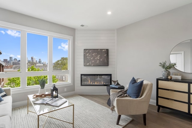 living room featuring hardwood / wood-style flooring, a fireplace, and a healthy amount of sunlight