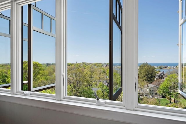 interior details with a water view