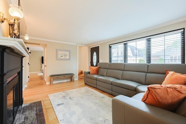 18 Carolina St, Medford, MA 02155 - living area with ornamental molding, wood finished floors, a fireplace with flush hearth, and baseboards