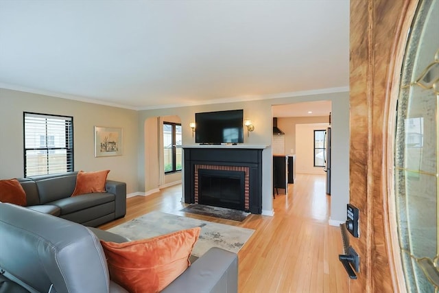 18 Carolina St, Medford, MA 02155 - living room with ornamental molding, light wood-type flooring, plenty of natural light, a fireplace, and baseboards