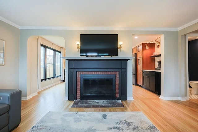 18 Carolina St, Medford, MA 02155 - living area featuring light wood-type flooring, crown molding, a fireplace, and baseboards