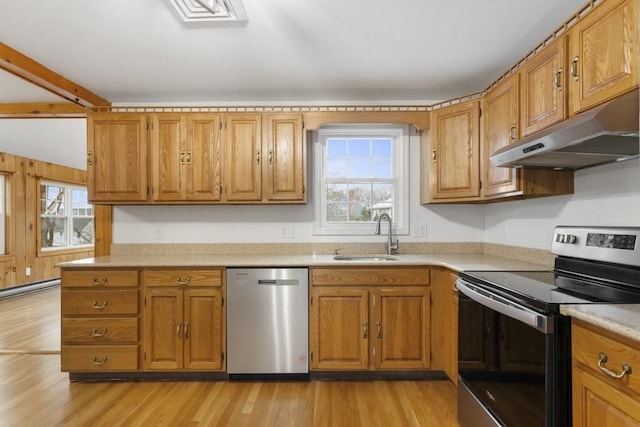 kitchen with sink, light wood-type flooring, a baseboard heating unit, and appliances with stainless steel finishes