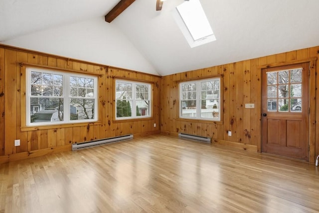 unfurnished sunroom featuring plenty of natural light and a baseboard heating unit