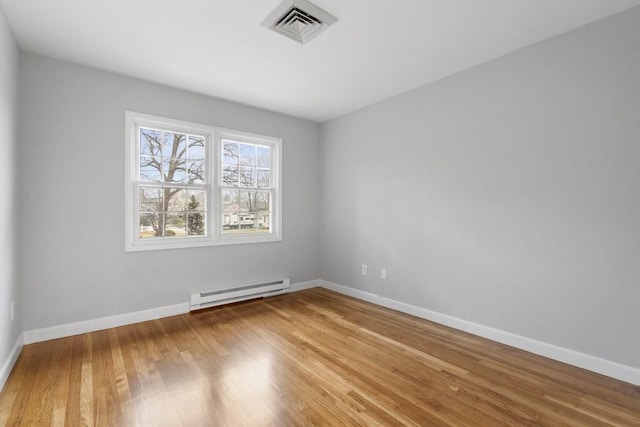 spare room with wood-type flooring and baseboard heating