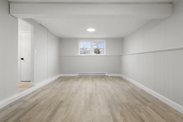 spare room with beamed ceiling, light hardwood / wood-style floors, and baseboard heating