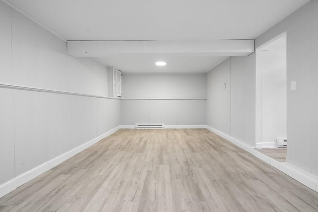 unfurnished room with light hardwood / wood-style flooring and baseboard heating