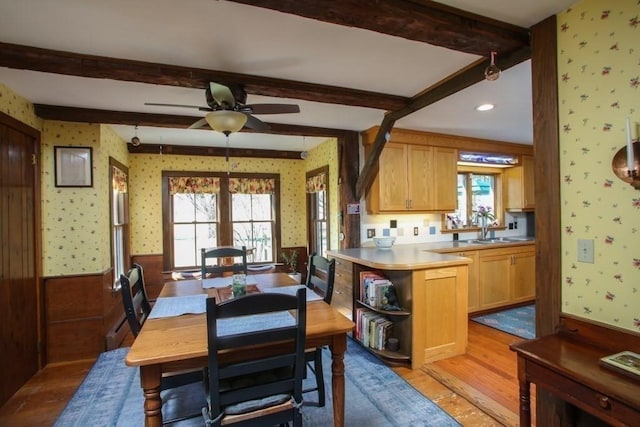 310 S River Rd, Charlemont, MA 01339 - dining space featuring wallpapered walls, a healthy amount of sunlight, and light wood-style floors