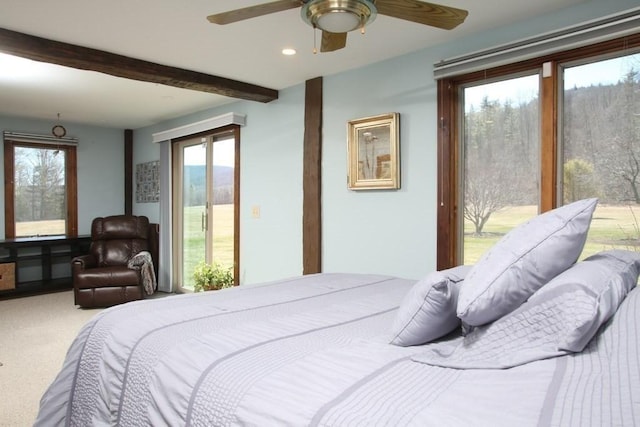 310 S River Rd, Charlemont, MA 01339 - carpeted bedroom featuring recessed lighting, beamed ceiling, access to outside, and a ceiling fan