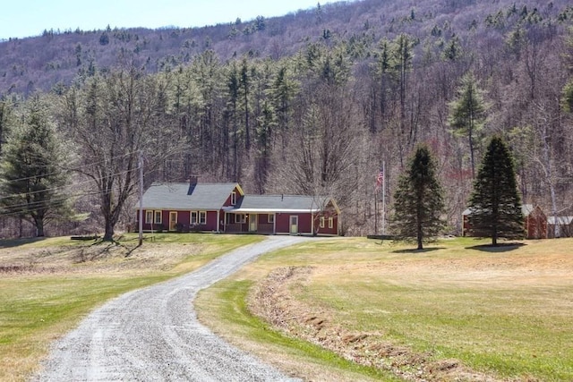 310 S River Rd, Charlemont, MA 01339 - view of front of property with a front yard, driveway, and a view of trees