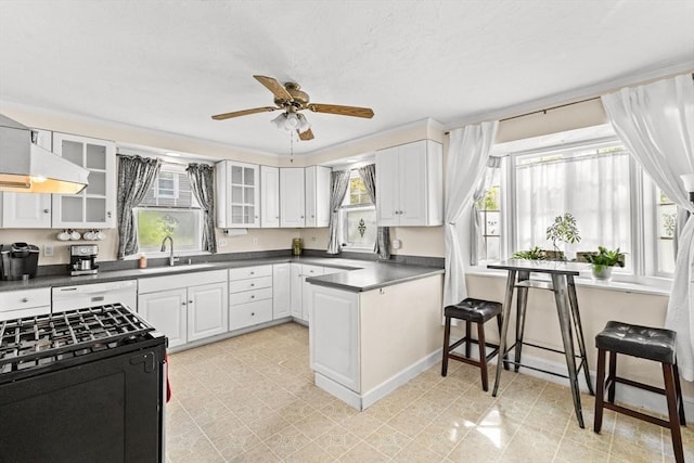 51 Gifford St, Brockton, MA 02301 - kitchen with range with gas cooktop, a sink, dishwashing machine, dark countertops, and a ceiling fan