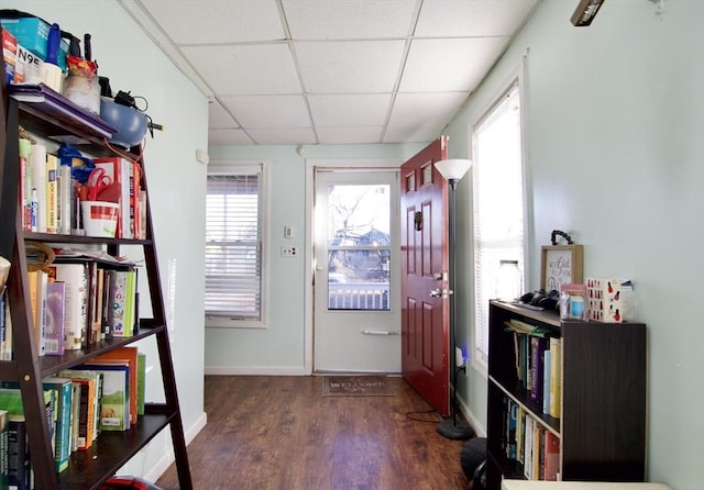 doorway with a drop ceiling and dark hardwood / wood-style floors