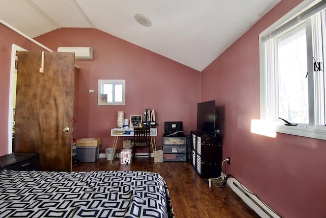 bedroom with dark hardwood / wood-style floors, baseboard heating, and vaulted ceiling