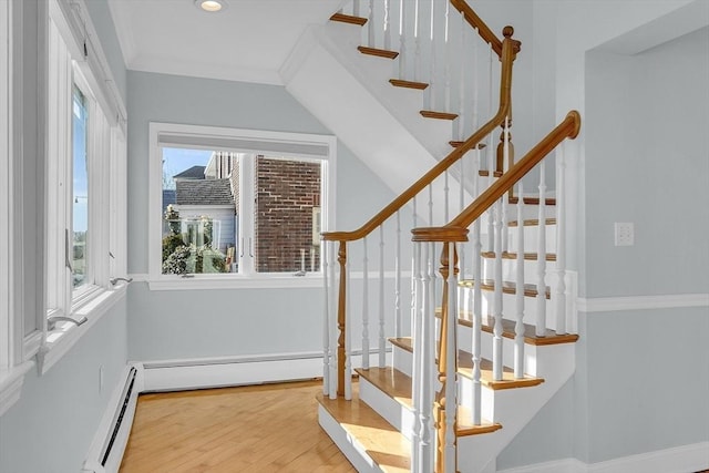 stairs with hardwood / wood-style flooring and crown molding