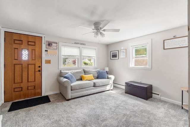 24 Springwell Rd, Billerica, MA 01821 - living room featuring ceiling fan, carpet, healthy amount of natural light, and a baseboard heating unit