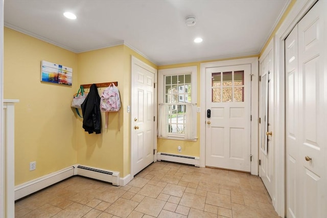 entryway featuring stone finish floor, recessed lighting, baseboards, a baseboard radiator, and ornamental molding