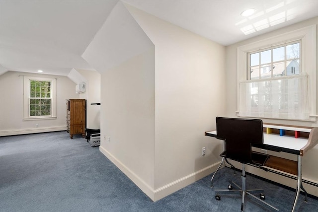 home office featuring baseboards, carpet flooring, and lofted ceiling
