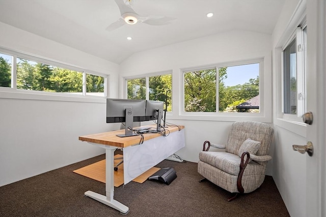 481 W Townsend Rd, Lunenburg, MA 01462 - carpeted home office with lofted ceiling, recessed lighting, and a ceiling fan