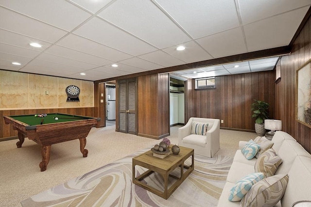 481 W Townsend Rd, Lunenburg, MA 01462 - rec room featuring wooden walls, light colored carpet, pool table, and recessed lighting