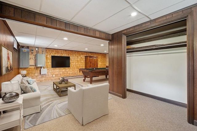 481 W Townsend Rd, Lunenburg, MA 01462 - living area featuring electric panel, light carpet, pool table, recessed lighting, and wooden walls