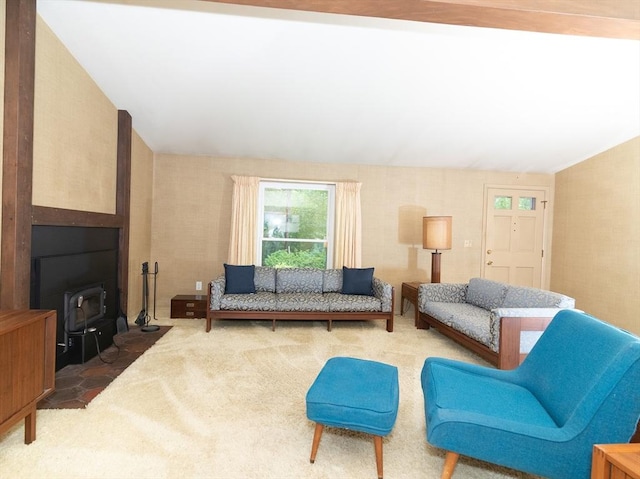 10 Ash Ln, Sherborn, MA 01770 - carpeted living room featuring a wood stove and lofted ceiling