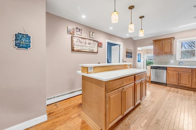 50 Walnut St, Lynn, MA 01905 - kitchen featuring stainless steel dishwasher, a baseboard radiator, light wood finished floors, light countertops, and recessed lighting
