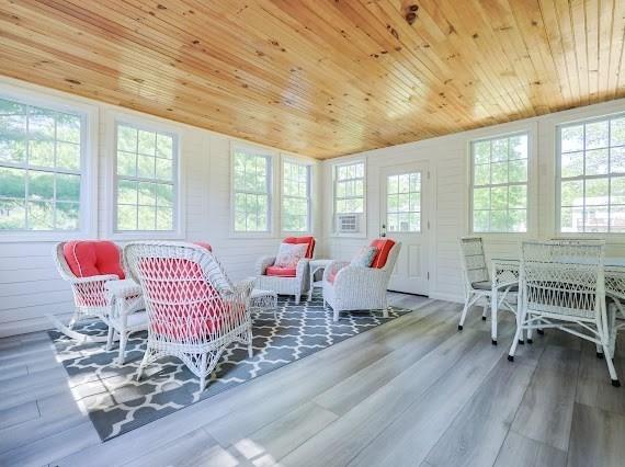 230 2nd St, Stoughton, MA 02072 - sunroom / solarium featuring wood ceiling, plenty of natural light, wood finished floors, and vaulted ceiling