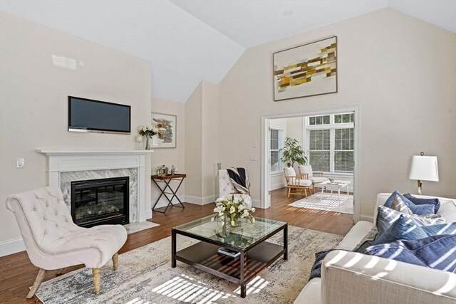 living room featuring a high end fireplace, high vaulted ceiling, and hardwood / wood-style flooring