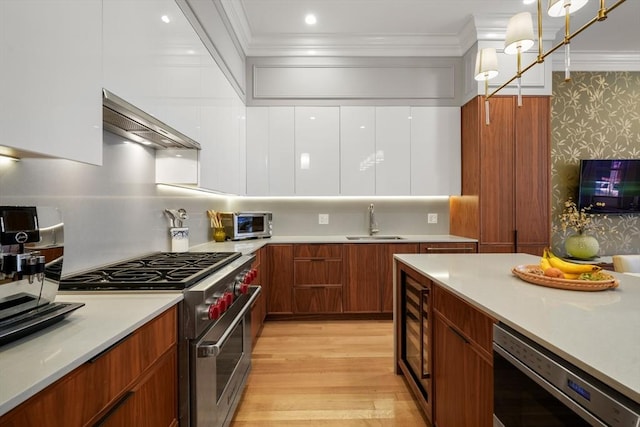 kitchen featuring tasteful backsplash, custom range hood, sink, ornamental molding, and stainless steel appliances