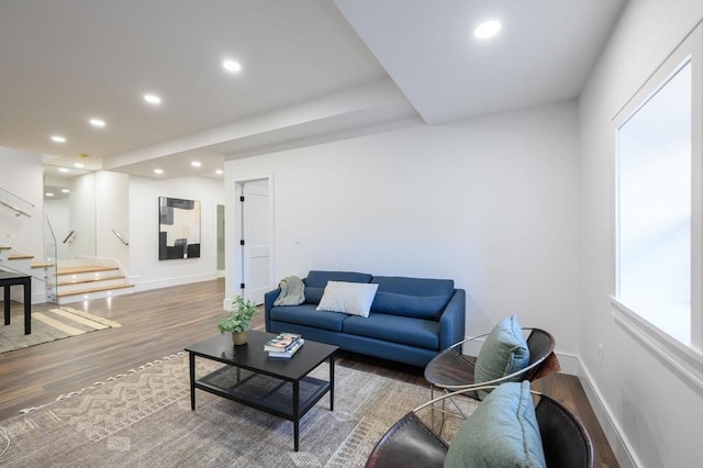 living room with dark hardwood / wood-style flooring