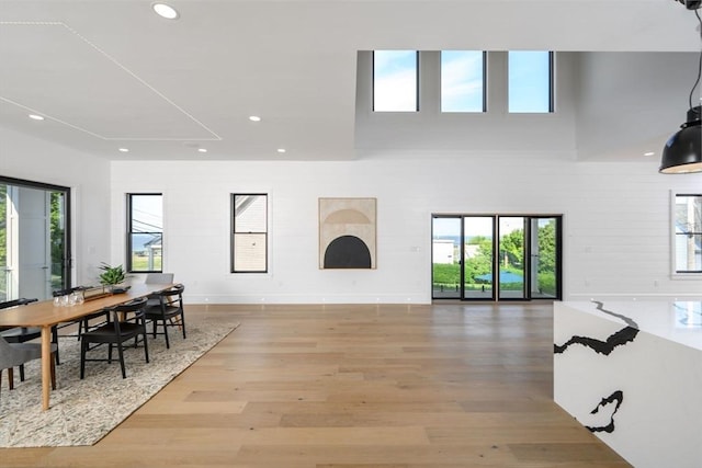 living room featuring a towering ceiling and light hardwood / wood-style flooring
