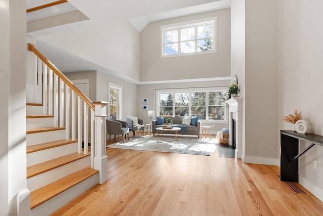 entrance foyer featuring light hardwood / wood-style floors and a towering ceiling