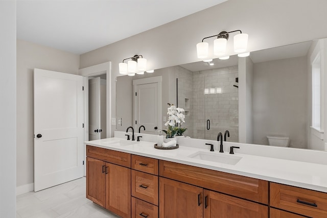 bathroom with vanity, toilet, and a shower with shower door