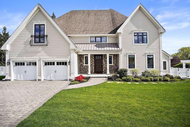 view of front of house featuring a garage and a front lawn